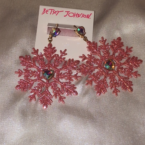 Betsey Johnson Gold Tone & Pink Glitter Snowflake Drop Earrings Crystal Accents - Picture 4 of 12